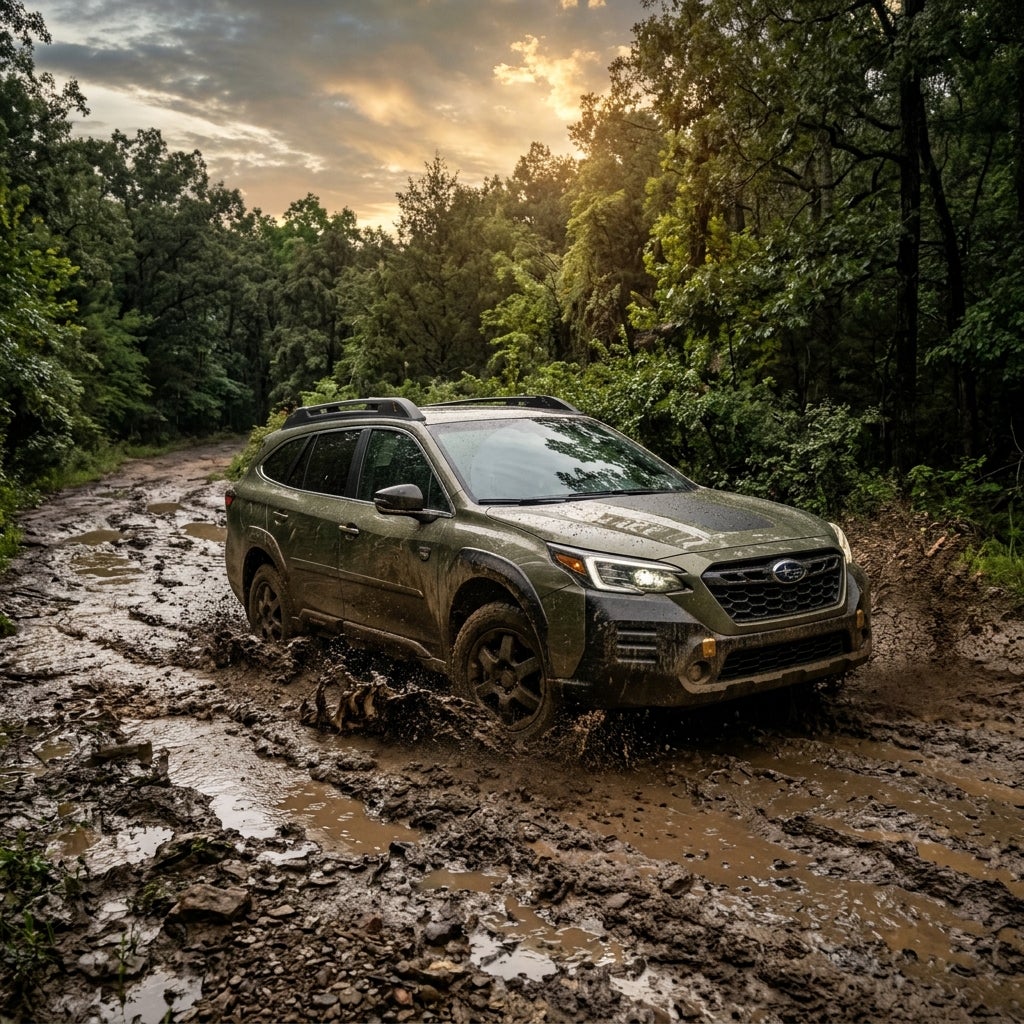 AI generated: Ultra-realistic automotive photography of a 2026 Subaru Outback confidently traversing a muddy Ozark trail immediately after a heavy Missouri thunderstorm. Deep ruts, thick mud, and standing water cover the trail, while the Outback's 8.7 inches of ground clearance keeps the underbody clear of the terrain. Mud sprays dramatically from the tires as the vehicle maintains traction through challenging conditions. Dense Missouri forest surrounds the scene, with storm clouds breaking to reveal golden sunlight. Professional automotive commercial photography, cinematic lighting, HDR, ultra-detailed textures, 8K resolution, Subaru adventure campaign style.