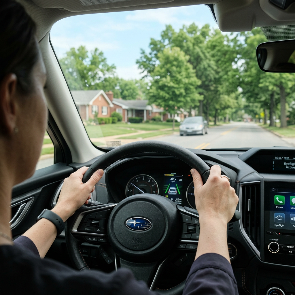 Woman's hands on a Subaru steering wheel while driving down a tree-lined residential street. (Representative image for illustration purposes only. Actual vehicle may vary based on trim and configuration.)