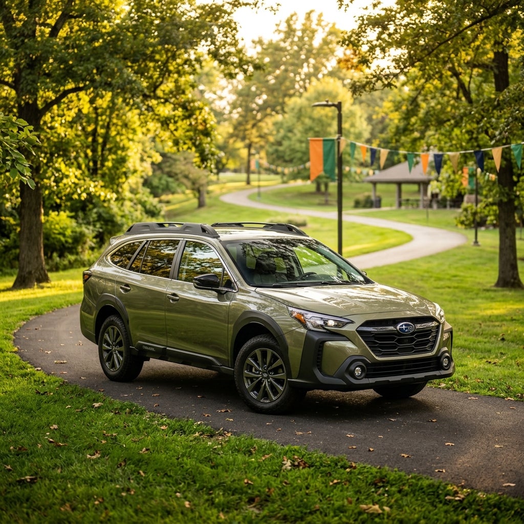Olive green Subaru Outback parked on a paved path in a lush green park during golden hour. (Representative image for illustration purposes only. Actual vehicle may vary based on trim and configuration.)
