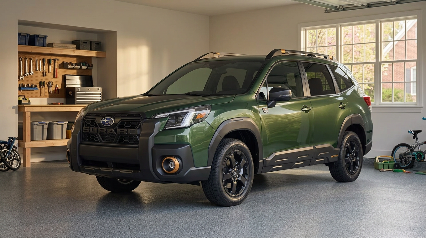 A green Subaru Forester Wilderness SUV parked inside a clean, well-lit residential garage with tools in the background. (Representative image for illustration purposes only. Actual vehicle may vary based on trim and configuration.)