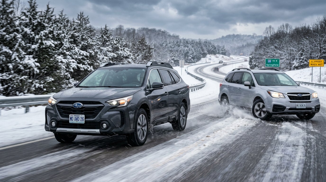 AI generated: A photorealistic winter driving scene on a snow-covered Missouri highway. A 2026 Subaru Outback confidently maintains traction while navigating icy conditions. Nearby, a generic competitor crossover struggles for grip with visible wheel slip. Snow falls lightly as the Subaru remains composed and stable. Cinematic action photography, realistic tire contact with snow, dramatic winter atmosphere, ultra-detailed vehicle reflections, professional automotive commercial quality, HDR lighting, realistic motion blur, 8K resolution, highly detailed landscape and vehicles.