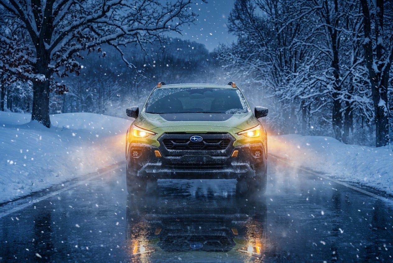 A Subaru Forester driving through a scenic Missouri landscape during a seasonal transition.