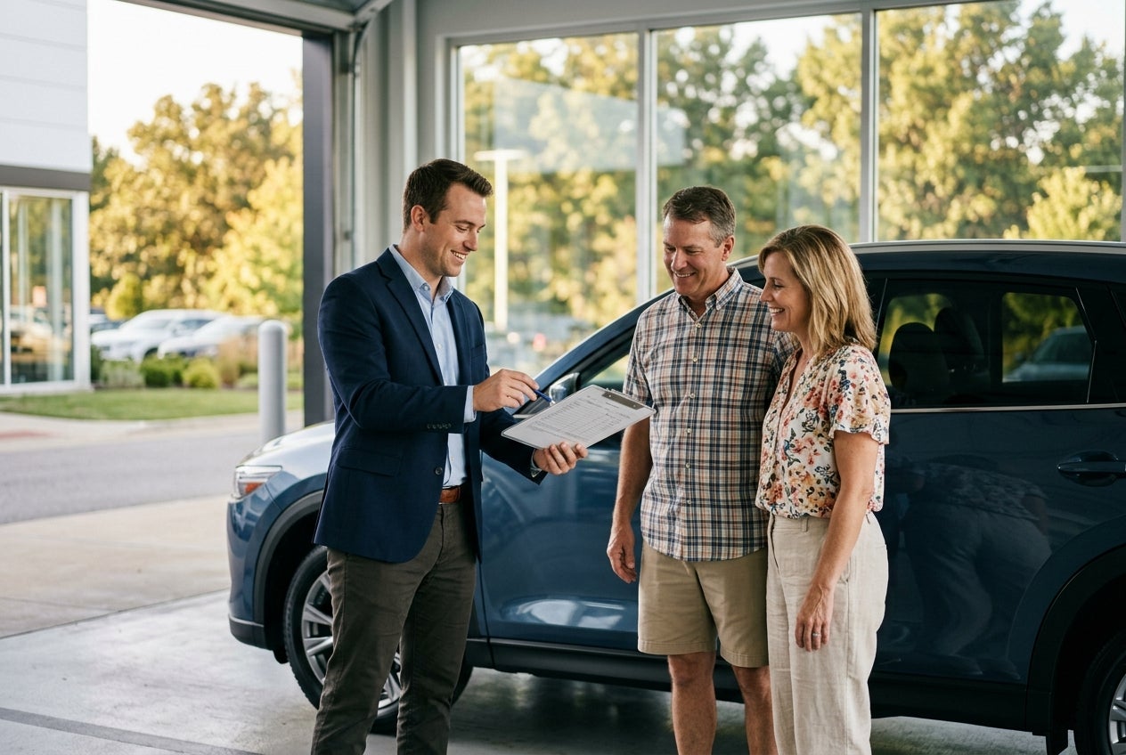 A car salesman points to paperwork on a clipboard while talking with a couple next to a blue SUV at a dealership. (Representative image for illustration purposes only. Actual vehicle may vary based on trim and configuration.)
