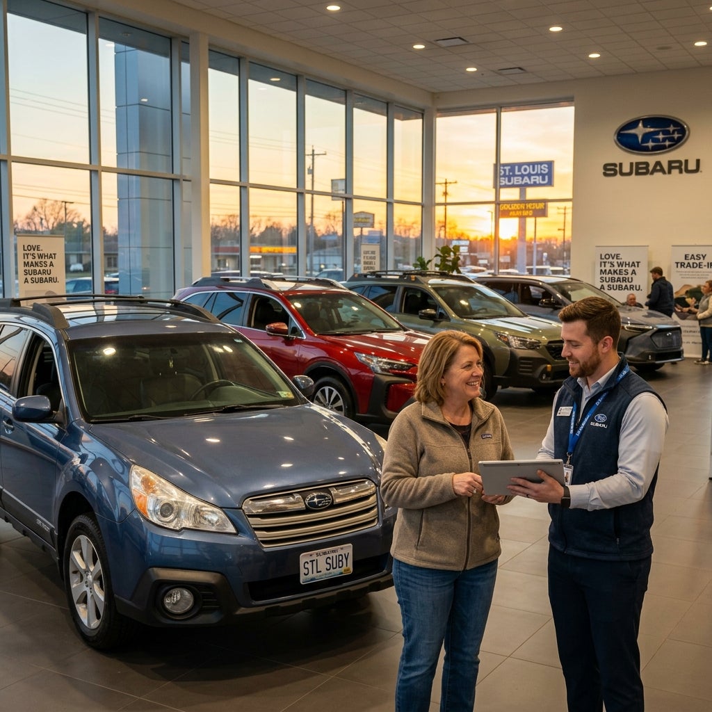 A car salesman showing a tablet to a customer in a Subaru dealership showroom at sunset.
