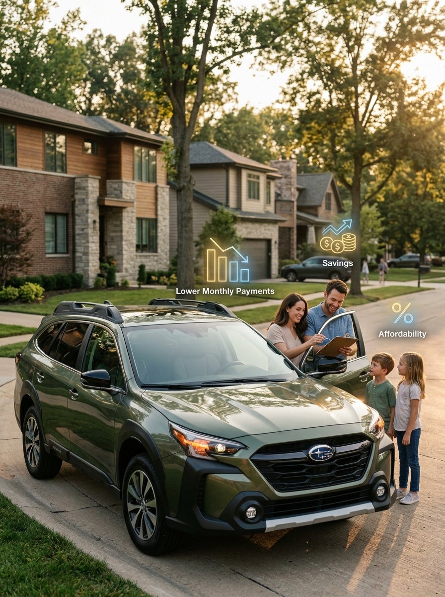 AI generated: A stunning photorealistic 2026 Subaru Outback parked in front of a modern Sunset Hills, Missouri suburban neighborhood during golden hour. A confident young family reviews a lease agreement while smiling beside the vehicle. Floating, elegant financial graphics subtly illustrate lower monthly payments, savings, and affordability without looking like an advertisement. The Outback appears premium and aspirational, showcasing its rugged yet refined design. Warm sunlight, realistic people, luxury lifestyle atmosphere, shallow depth of field, professional automotive marketing photography, ultra-detailed vehicle reflections, cinematic composition, magazine-quality image, 8K resolution, HDR, wide-angle lens, highly realistic.