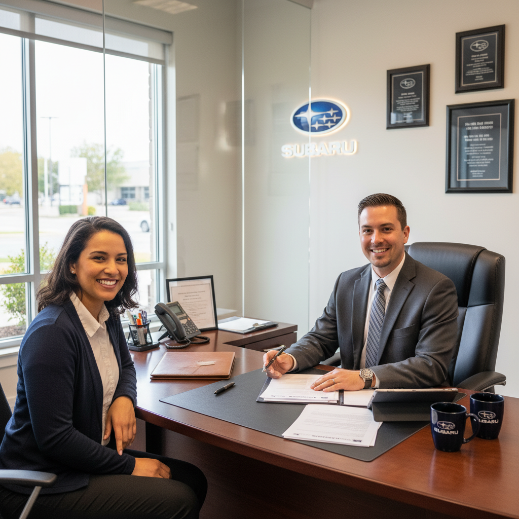 A professional Subaru dealership finance office, a friendly finance manager in business attire reviewing paperwork with a smiling biracial couple, modern desk with documents and tablet, subtle Subaru branding in background, bright natural lighting, clean glass office, warm and welcoming atmosphere, realistic facial expressions, photorealistic, shallow depth of field, 35mm lens, ultra-detailed, commercial photography style