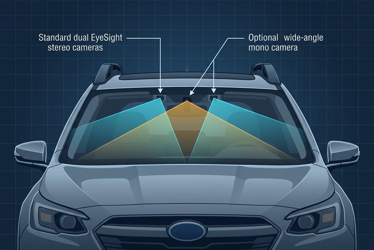 Diagram showing standard dual stereo cameras and optional wide-angle mono camera fields of view on a car windshield. (Representative image for illustration purposes only. Actual vehicle may vary based on trim and configuration.)