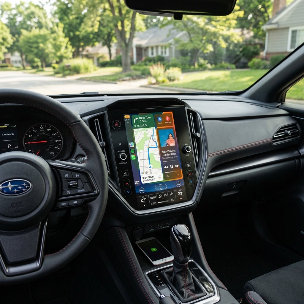 Interior view of a Subaru vehicle featuring a large central touchscreen displaying GPS navigation and music playback. (Representative image for illustration purposes only. Actual vehicle may vary based on trim and configuration.)