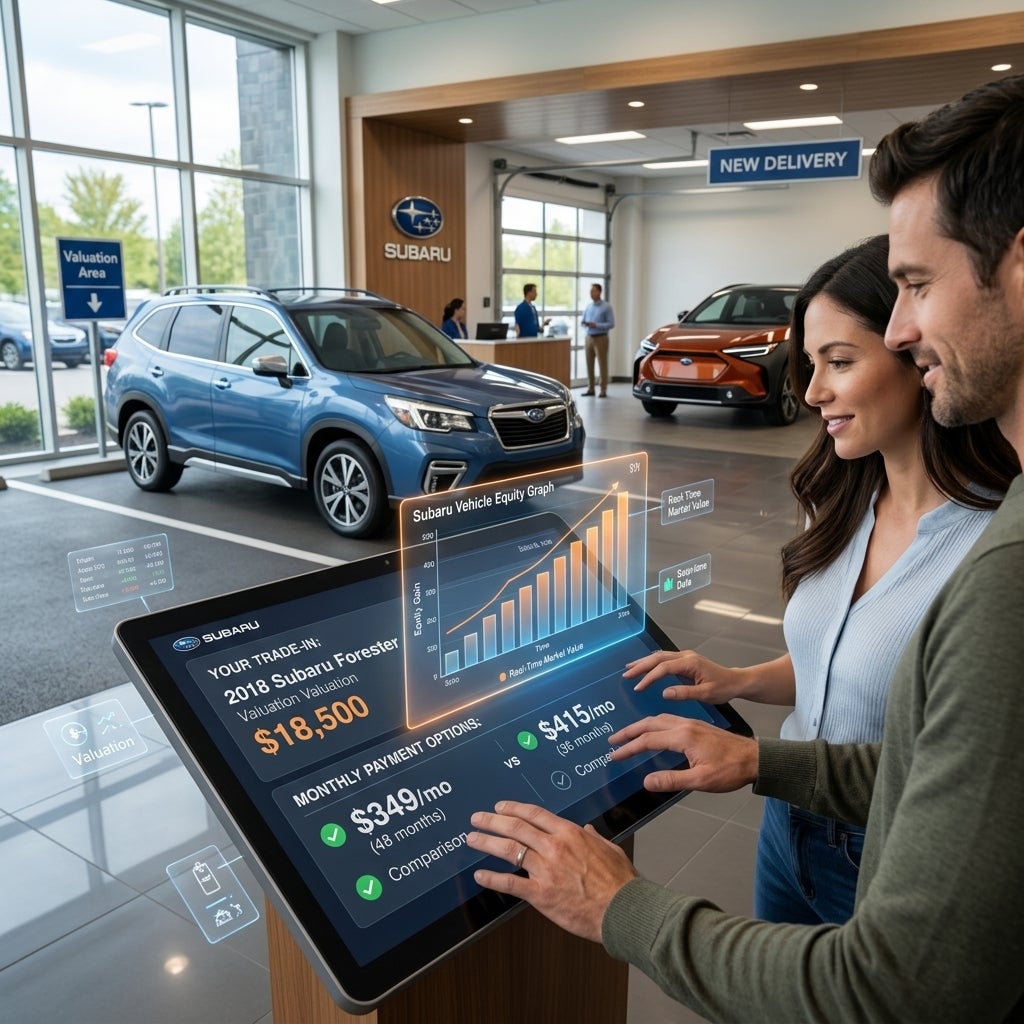 AI generated: Photorealistic close-up of a customer comparing trade-in value and monthly payment options on a digital touchscreen inside a modern Subaru showroom. A glowing vehicle equity graph rises from the screen while a Subaru Forester trade-in sits prominently nearby and a brand-new Subaru is displayed in the delivery area behind them. Real-time market pricing data, transparent valuation process, financial clarity, and customer confidence are visually represented through subtle futuristic interface elements. Bright, welcoming dealership environment, luxury showroom lighting, authentic emotions, highly detailed automotive photography, cinematic depth, realistic reflections, professional commercial advertising style, 8K ultra-realistic rendering, horizontal composition optimized for website hero banners and social media advertising.