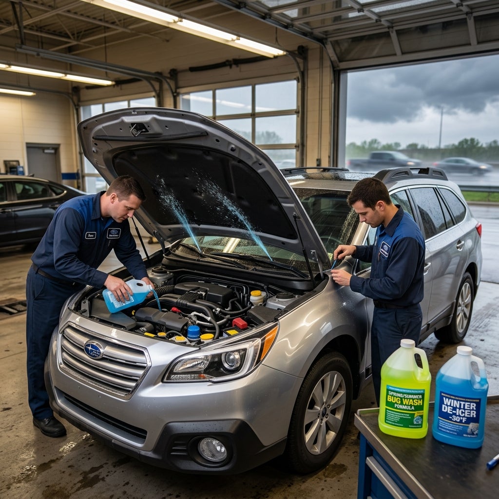 Two auto mechanics servicing a silver Subaru SUV in a repair shop.