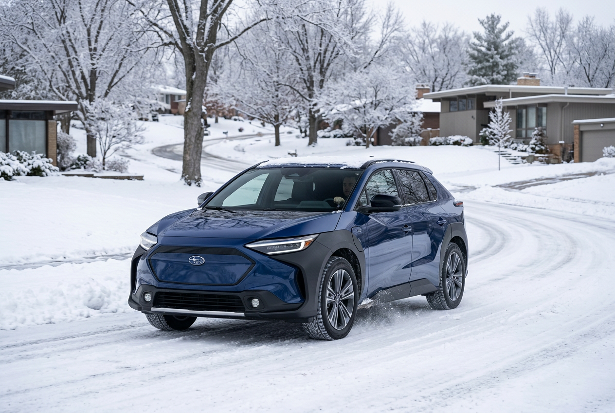A dark blue Subaru Solterra electric SUV driving on a snow-covered suburban street. (Representative image for illustration purposes only. Actual vehicle may vary based on trim and configuration.)