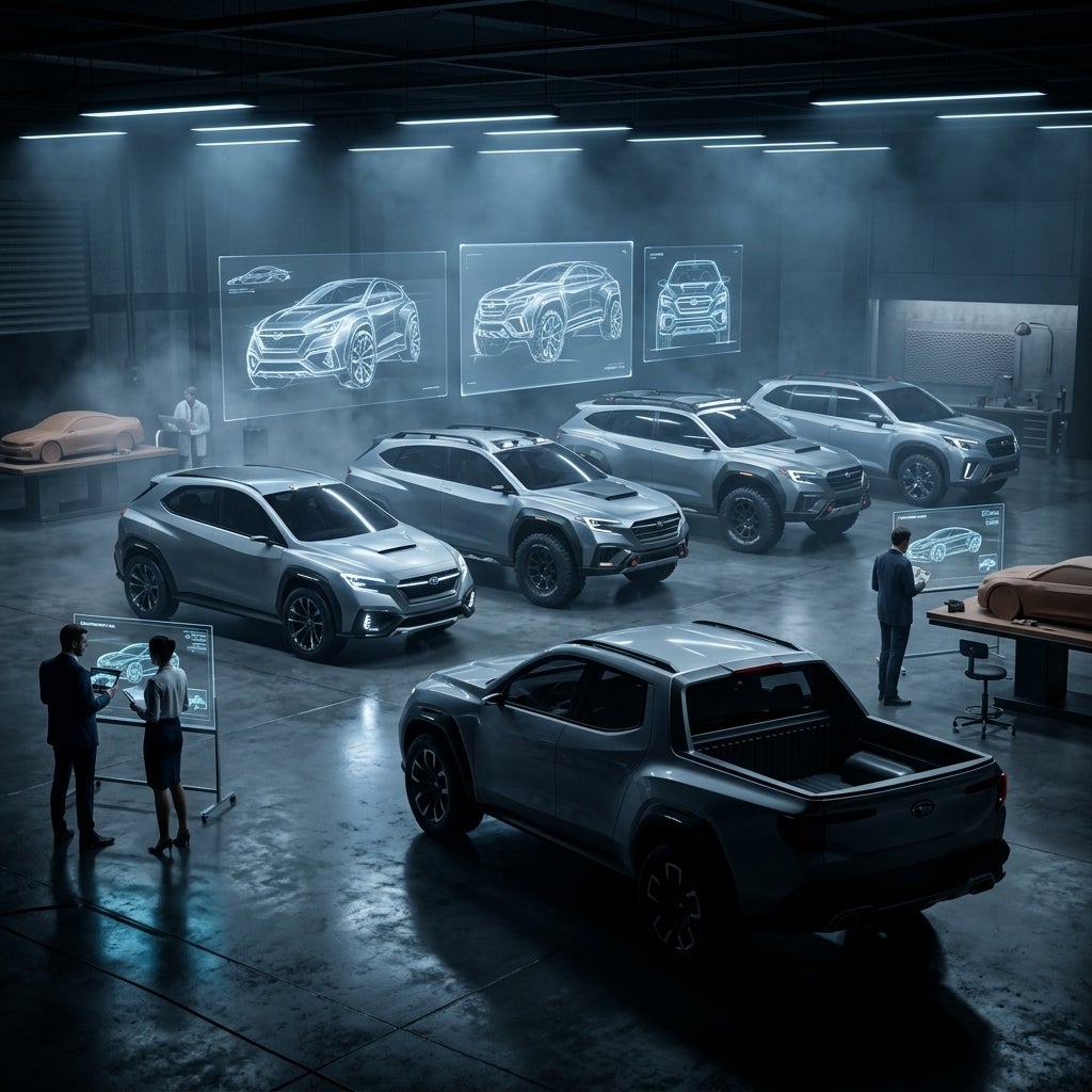 AI generated: Photorealistic cinematic automotive concept showcase illustrating “The Concept Trail” — a dramatic futuristic Subaru-inspired design studio filled with rugged VIZIV-style concept vehicles lined up chronologically, showing the evolution of aggressive utilitarian design language toward a modern pickup truck silhouette. Multiple concept SUVs and crossover prototypes feature sharp body lines, muscular fender flares, rugged cladding, oversized all-terrain tires, angular LED lighting signatures, and adventurous off-road proportions. In the foreground, a partially shadowed pickup truck concept emerges naturally from the same design DNA, subtly implying Subaru has been hinting at future truck styling all along. Massive holographic design sketches and clay modeling stations surround the vehicles, while designers study aerodynamic renderings on transparent displays. The environment is dark and cinematic with moody blue-white accent lighting, glossy reflections, light fog, volumetric beams, and realistic industrial textures. The progression of concepts visually tells the story of hidden future intentions “in plain sight.” Ultra-detailed 8K CGI, professional automotive documentary aesthetic, realistic materials, cinematic depth of field, no logos, no watermarks, no text artifacts.