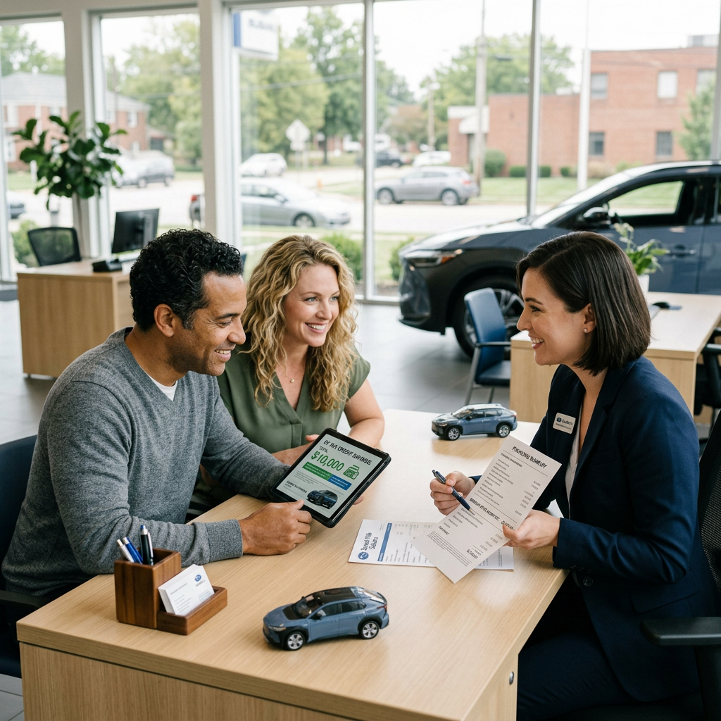 A couple sits at a desk in a car dealership showroom talking with a salesperson. (Representative image for illustration purposes only. Actual vehicle may vary based on trim and configuration.)