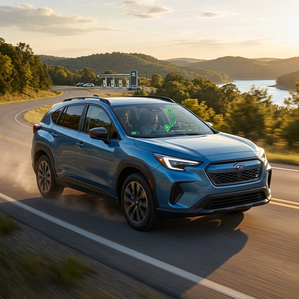 AI generated: Ultra-photorealistic automotive lifestyle scene featuring the all-new 2027 Subaru Getaway EV traveling along a scenic Missouri highway toward Lake of the Ozarks during golden hour. The vehicle is shown in motion from a dynamic three-quarter front angle, showcasing its bold aerodynamic design, LED lighting signature, rugged SUV stance, and premium EV styling. Inside the cabin, the advanced navigation system is displayed on a large high-resolution touchscreen, intelligently mapping the route with highlighted DC fast-charging stops along the journey. The digital route visualization shows charging locations seamlessly integrated into the trip plan, emphasizing confidence and convenience. In the background, rolling Ozark hills, winding lakeside roads, dense green forests, and sparkling blue water create an iconic Midwest adventure atmosphere. A modern EV charging station appears naturally along the route, reinforcing long-distance capability without interrupting the travel experience. The scene conveys freedom, innovation, and zero range anxiety. Cinematic lighting, realistic reflections, ultra-detailed textures, magazine-quality automotive photography, shallow depth of field, HDR imaging, 8K resolution, professional Subaru marketing campaign style, National Geographic meets luxury automotive advertisement, horizontal 16:9 composition, no text, no logos, no watermarks.
