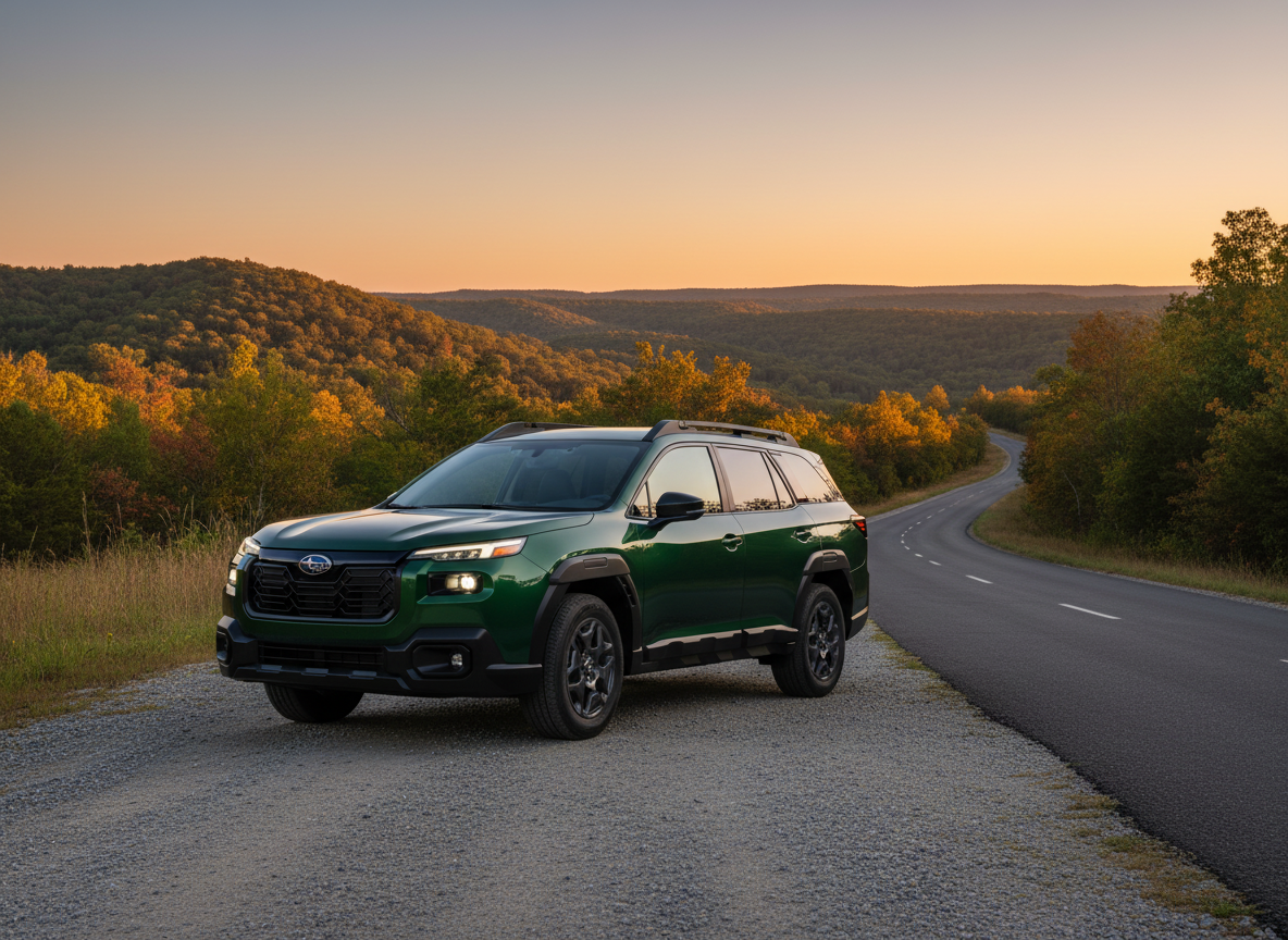 A new Subaru Outback parked in a scenic Missouri landscape with a sunset background