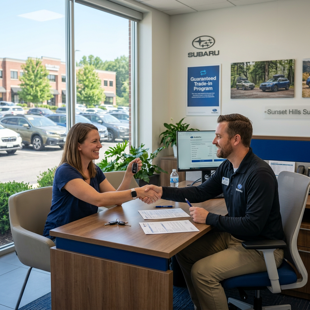 Customer and salesperson shaking hands at Subaru dealership desk (Representative image for illustration purposes only. Actual vehicle may vary based on trim and configuration.)