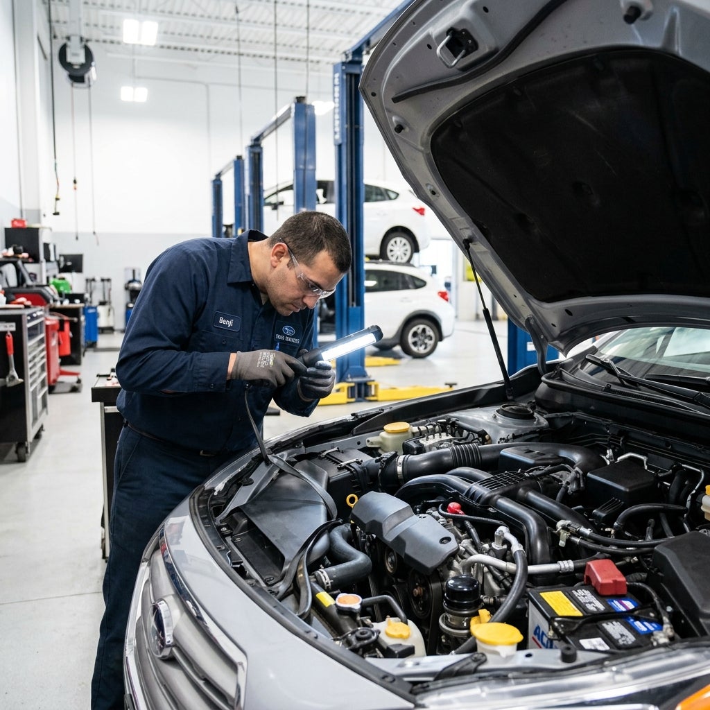 Auto mechanic holding an inspection light while checking an open car engine bay in a modern repair shop. (Representative image for illustration purposes only. Actual vehicle may vary based on trim and configuration.)