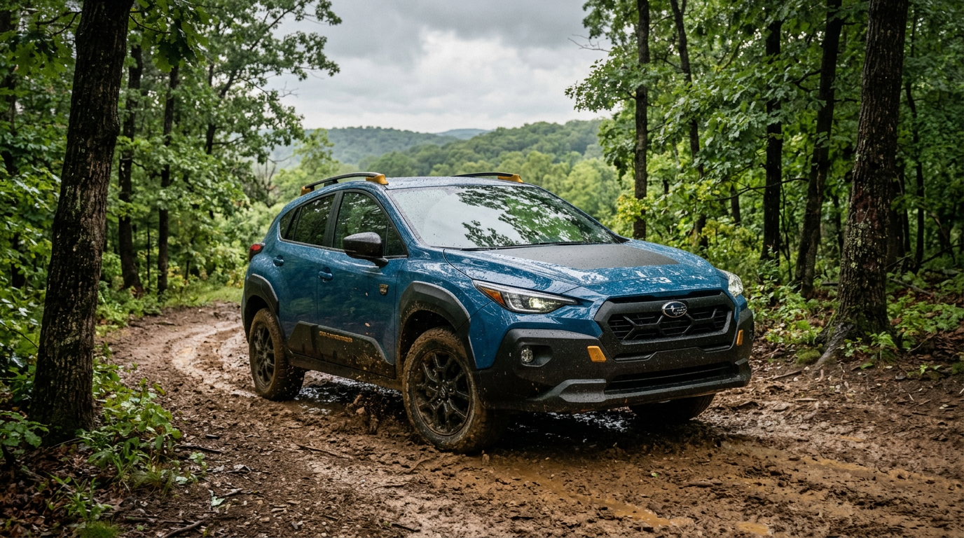 A blue Subaru Crosstrek Wilderness driving through a muddy forest trail. (Representative image for illustration purposes only. Actual vehicle may vary based on trim and configuration.)