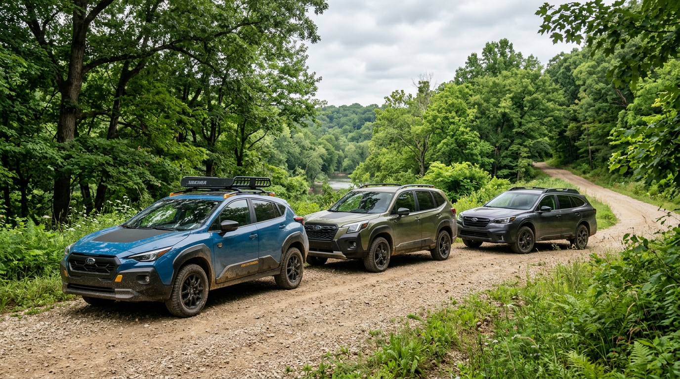 Three Subaru Wilderness SUVs parked on a dirt path surrounded by lush green forest. (Representative image for illustration purposes only. Actual vehicle may vary based on trim and configuration.)