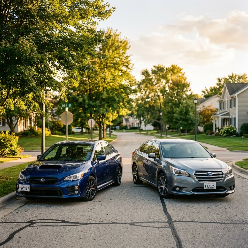 A blue Subaru WRX and a silver Subaru sedan parked side by side on a quiet suburban street at sunset. (Representative image for illustration purposes only. Actual vehicle may vary based on trim and configuration.)