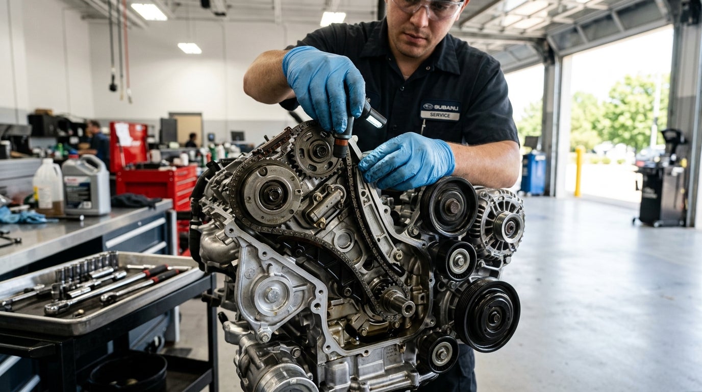A Subaru service technician inspecting an exposed car engine timing chain in an auto repair shop. (Representative image for illustration purposes only. Actual vehicle may vary based on trim and configuration.)