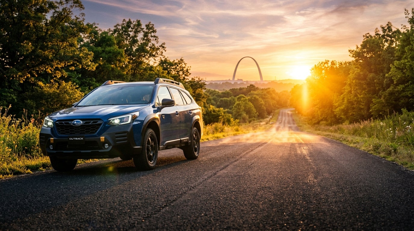 AI generated: Photorealistic cinematic wide shot, modern sapphire blue Subaru Outback parked along a scenic road in Sunset Hills, Missouri, distant hazy silhouette of the St. Louis Gateway Arch on the horizon, intense golden summer sunlight, shimmering heat haze rising from the black asphalt, lush green Missouri foliage and oak trees in the background, low camera angle focusing on the car's front profile, brilliant lens flare, vibrant blue sky with soft wispy clouds, high contrast lighting, professional automotive lifestyle photography, deep shadows and bright highlights, emphasizing a cool and ready-for-adventure aesthetic, reflecting the intense humidity and warmth of a Midwest summer.