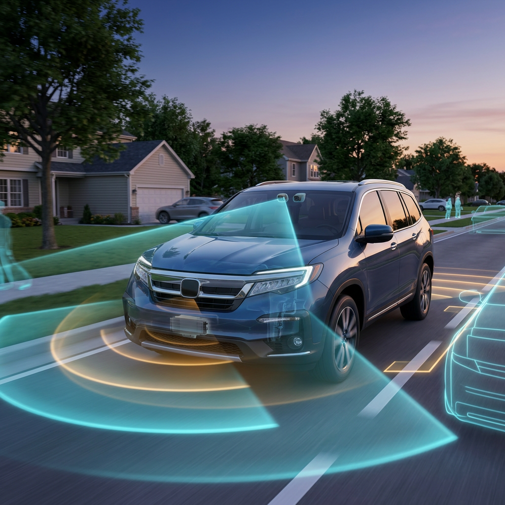 A blue SUV driving on a suburban road with superimposed graphics illustrating its advanced sensor and radar systems. (Representative image for illustration purposes only. Actual vehicle may vary based on trim and configuration.)