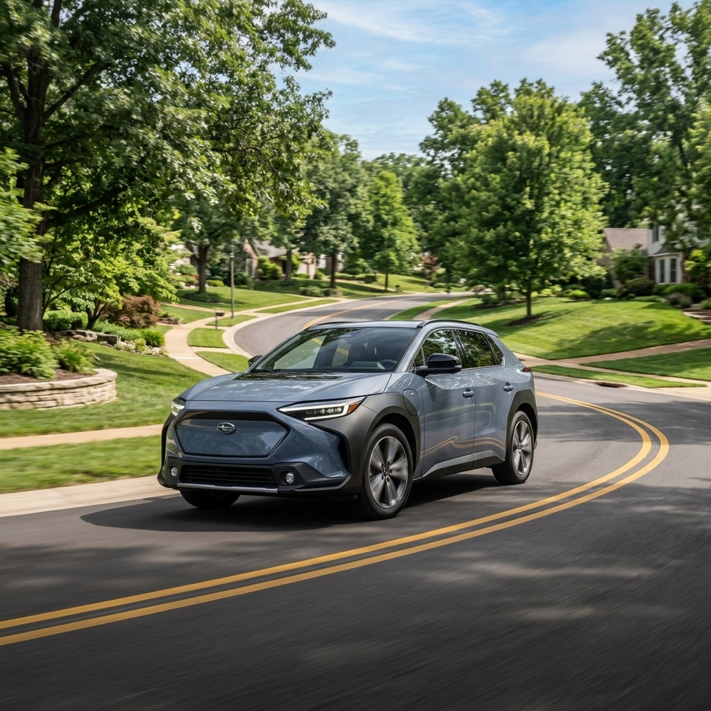 A blue Subaru Solterra electric SUV driving along a curving road in a green, tree-lined residential neighborhood. (Representative image for illustration purposes only. Actual vehicle may vary based on trim and configuration.)