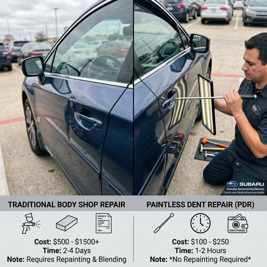 AI generated: Show a close-up of a Subaru door with a small parking lot door ding. A repair technician uses paintless dent repair tools to remove the dent without repainting. Include a comparison showing expensive body shop repairs versus covered repairs.