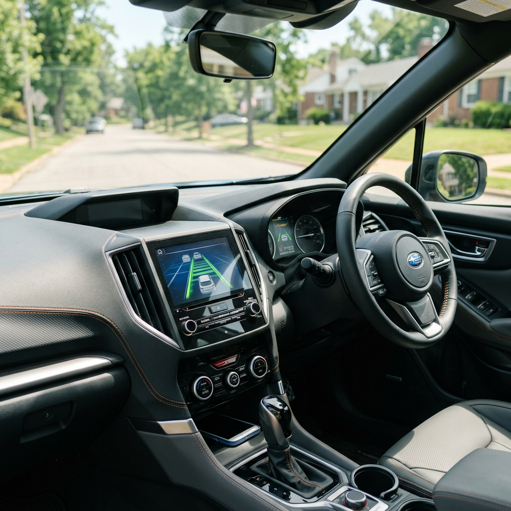 Interior view of a right-hand drive Subaru showing the dashboard, infotainment screen, and steering wheel. (Representative image for illustration purposes only. Actual vehicle may vary based on trim and configuration.)