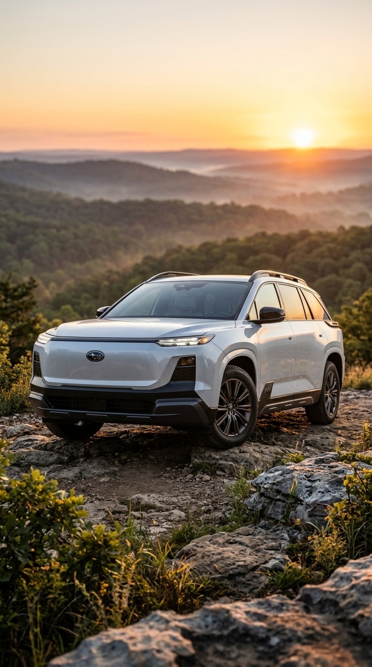 AI generated: Ultra-photorealistic 2027 Subaru Getaway EV parked on a scenic Missouri Ozark overlook at sunrise, showcasing Subaru’s new "Bolder" design philosophy. The vehicle features a powerful, athletic stance with a sleek grand touring silhouette blended seamlessly with rugged SUV proportions. Class-leading 9.5 inches of ground clearance is prominently visible as the Getaway EV confidently sits above a rocky trail lined with limestone outcroppings and native Missouri foliage. The front fascia displays a futuristic enclosed hexagonal grille with subtle active aerodynamic shutters, highlighted by advanced LED lighting signatures and sculpted bodywork. Dynamic camera angle from a low front three-quarter perspective emphasizes the elevated ride height, muscular wheel arches, aerodynamic efficiency, and premium electric vehicle styling. Crisp reflections on metallic paint, detailed all-terrain tires, dramatic golden-hour lighting, cinematic atmosphere, ultra-realistic textures, shallow depth of field, magazine-quality automotive photography, professional commercial vehicle advertisement, 8K resolution, HDR, highly detailed, realistic environment, no people, horizontal composition.