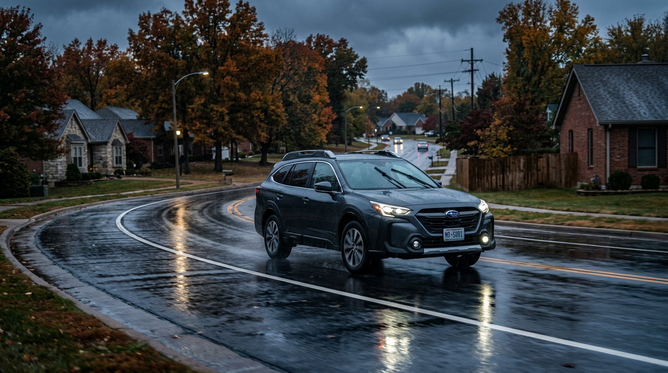 A dark gray Subaru SUV driving on a wet, curving road in a residential neighborhood under an overcast sky. (Representative image for illustration purposes only. Actual vehicle may vary based on trim and configuration.)