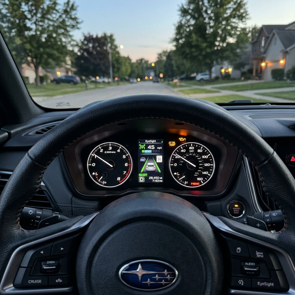 View from inside a Subaru driving down a residential street at dusk, showing the illuminated dashboard and steering wheel. (Representative image for illustration purposes only. Actual vehicle may vary based on trim and configuration.)