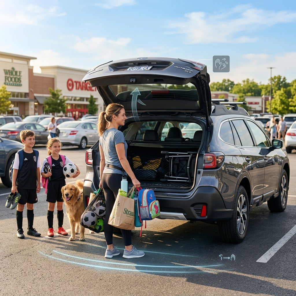 AI generated: A hyper-realistic 2026 Subaru Outback parked in the parking lot of a busy Sunset Hills shopping center on a bright afternoon. A parent approaches the rear of the vehicle with both hands full—carrying grocery bags, sports equipment, and a child's backpack. Without touching the vehicle, the hands-free power rear gate automatically opens as the driver stands behind the Outback, revealing a spacious cargo area ready to be loaded. The scene captures the convenience of modern family life, with children nearby carrying soccer gear and a family dog waiting excitedly beside the vehicle. Subtle, elegant technology overlays highlight the hands-free sensor activation and the power liftgate operation without appearing overly futuristic. The vehicle's premium styling, spacious cargo area, and family-focused practicality are prominently featured. Warm natural lighting, realistic reflections, cinematic automotive lifestyle photography, ultra-detailed textures, shallow depth of field, 8K resolution, professional Subaru advertising quality, emphasis on convenience, family adventures, smart technology, and everyday usability for active families in suburban St. Louis.