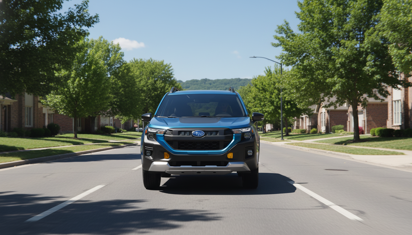 A silver Subaru Forester driving through a scenic Missouri forest trail during spring.