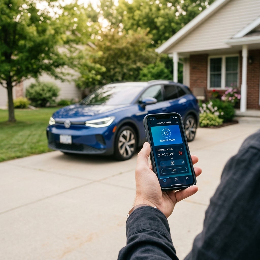A person holding a smartphone app with remote start controls in front of a blue Volkswagen EV parked in a driveway. (Representative image for illustration purposes only. Actual vehicle may vary based on trim and configuration.)