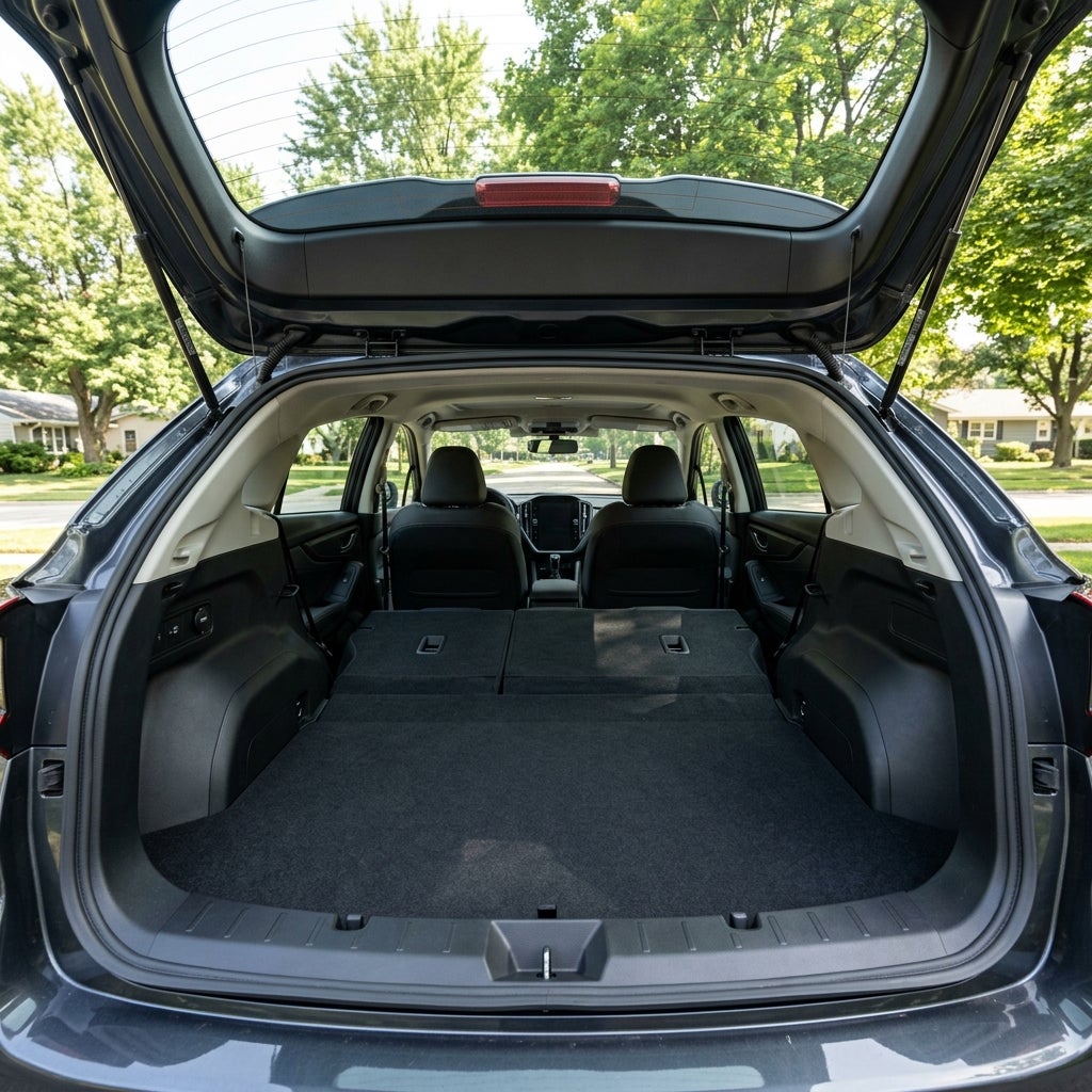 Open rear hatch of a dark SUV showing a large, flat cargo area with the back seats folded down. (Representative image for illustration purposes only. Actual vehicle may vary based on trim and configuration.)