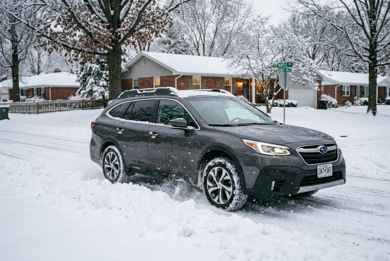 A dark grey Subaru Outback driving through deep snow on a residential street. (Representative image for illustration purposes only. Actual vehicle may vary based on trim and configuration.)