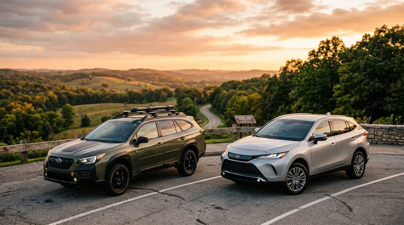 AI generated: Cinematic automotive photography, a 2026 Subaru Outback and a Toyota Venza parked side-by-side on a scenic overlook in Sunset Hills Missouri, the Subaru Outback in a rugged forest green with high ground clearance, the Toyota Venza in a sleek metallic silver with a refined urban aesthetic, wide-angle hero shot, low camera angle, golden hour lighting with a warm amber glow reflecting off the polished car bodies, lush oak and maple trees of the Missouri landscape in the background, rolling green hills under a soft sunset sky, a clean winding asphalt road, hyper-realistic textures, vibrant color palette of deep greens and sunset oranges, professional lighting, sharp focus on the vehicles, shallow depth of field.