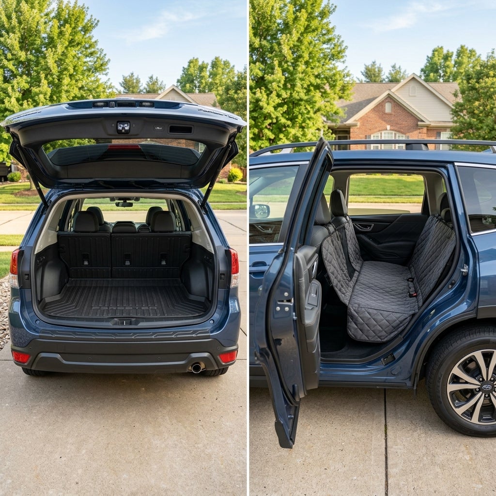 Side-by-side view of a blue SUV's open trunk with a cargo mat and the back seat with a quilted gray dog cover. (Representative image for illustration purposes only. Actual vehicle may vary based on trim and configuration.)