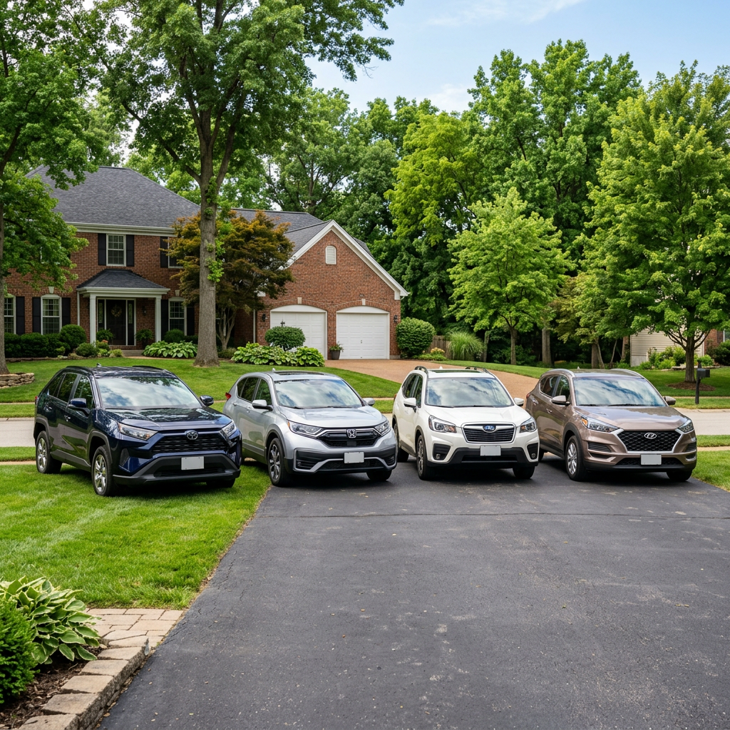 Four compact SUVs parked in a row on a driveway in front of a brick suburban house. (Representative image for illustration purposes only. Actual vehicle may vary based on trim and configuration.)
