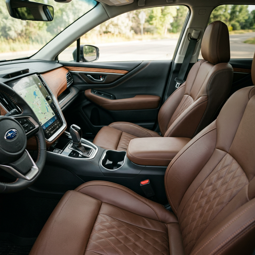 Interior view of a modern car featuring brown quilted leather seats and a large touchscreen infotainment system. (Representative image for illustration purposes only. Actual vehicle may vary based on trim and configuration.)