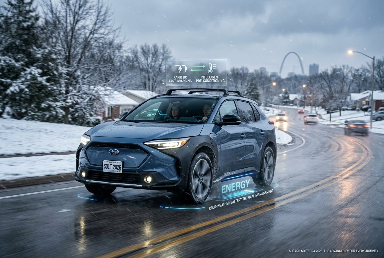 AI generated: Ultra-realistic cinematic automotive advertisement photography of a 2026 Subaru Solterra driving through a cold Missouri winter morning in Sunset Hills, Missouri. The futuristic EV SUV is traveling down a wet suburban roadway inspired by Watson Road, with light snow flurries falling and glowing streetlights reflecting off the pavement. The Solterra’s sleek LED headlights illuminate frosty air while subtle blue electric energy accents highlight advanced battery thermal management technology beneath the vehicle.
In the background, hints of the St. Louis skyline fade into a cloudy winter horizon, while charging station graphics and translucent holographic battery overlays subtly visualize rapid DC fast-charging and intelligent cold-weather battery pre-conditioning. The scene transitions naturally from urban commuter traffic into rugged Missouri backroads, emphasizing the Solterra’s evolution into a true weekend adventure vehicle.
The environment feels premium, modern, and believable — realistic tire spray, detailed reflections, authentic Subaru design language, cinematic lighting, shallow depth of field, high dynamic range, crisp metallic paint textures, and natural motion blur. Interior glimpses show a confident driver navigating winter roads with ease while regenerative braking energy flows are artistically visualized around the wheels.
Style: hyper-realistic automotive commercial photography, dramatic winter atmosphere, cinematic composition, high detail, realistic reflections, volumetric lighting, premium EV marketing aesthetic, 8k detail, magazine-quality Subaru advertisement, balanced cool blue and neutral winter tones, authentic Midwest suburban setting.