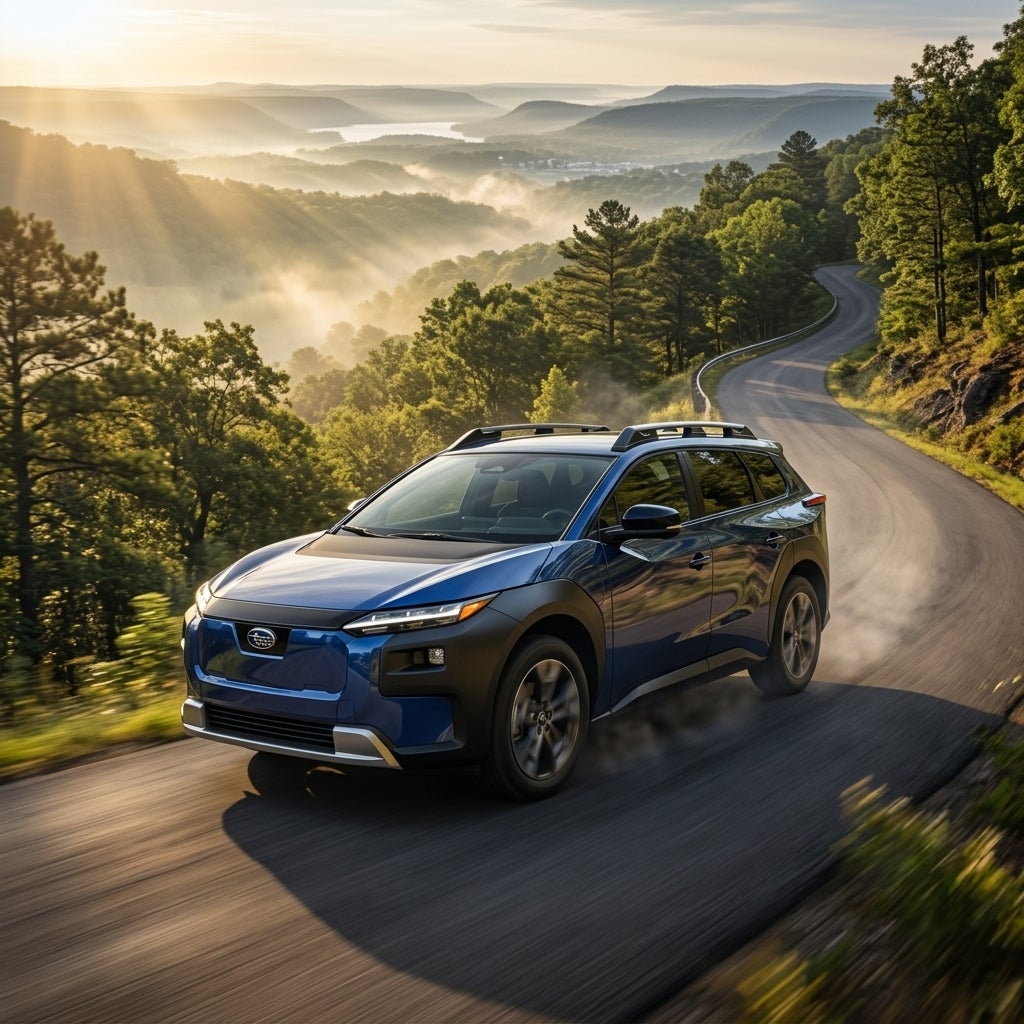 AI generated: Ultra-realistic automotive photography, 2026 Subaru Trailseeker EV climbing a steep winding mountain road through the Missouri Ozarks near Branson, dramatic elevation changes, dense oak and pine forests, golden morning sunlight piercing through mist-covered valleys, rugged terrain, electric SUV confidently ascending a sharp incline, dust-free pavement, breathtaking panoramic overlook in the distance, highly detailed vehicle reflections, professional automotive advertisement, shallow depth of field, HDR photography, National Geographic meets Subaru commercial, 8K resolution, cinematic lighting, realistic motion blur, award-winning automotive photography.