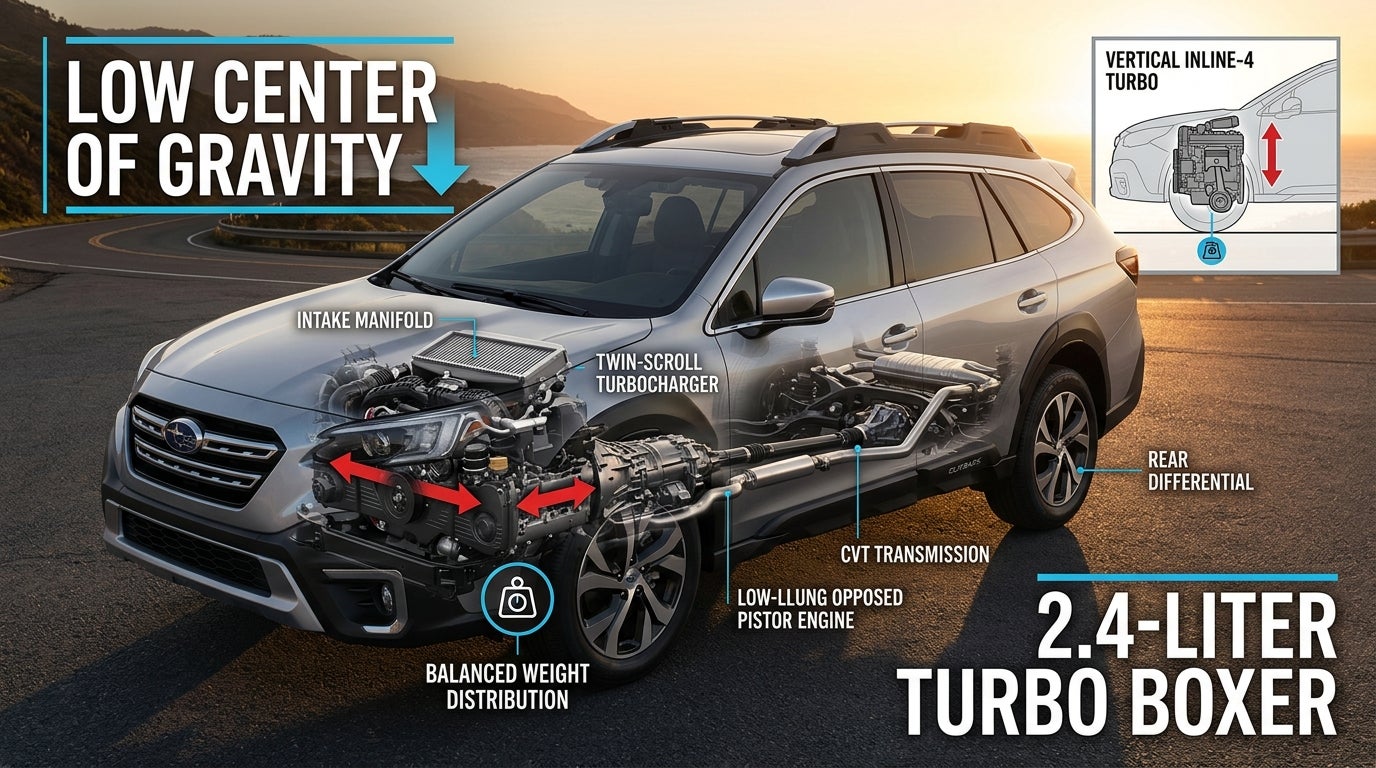 Cutaway diagram of a silver Subaru crossover showing its 2.4-liter turbo boxer engine, CVT transmission, and drivetrain. (Representative image for illustration purposes only. Actual vehicle may vary based on trim and configuration.)