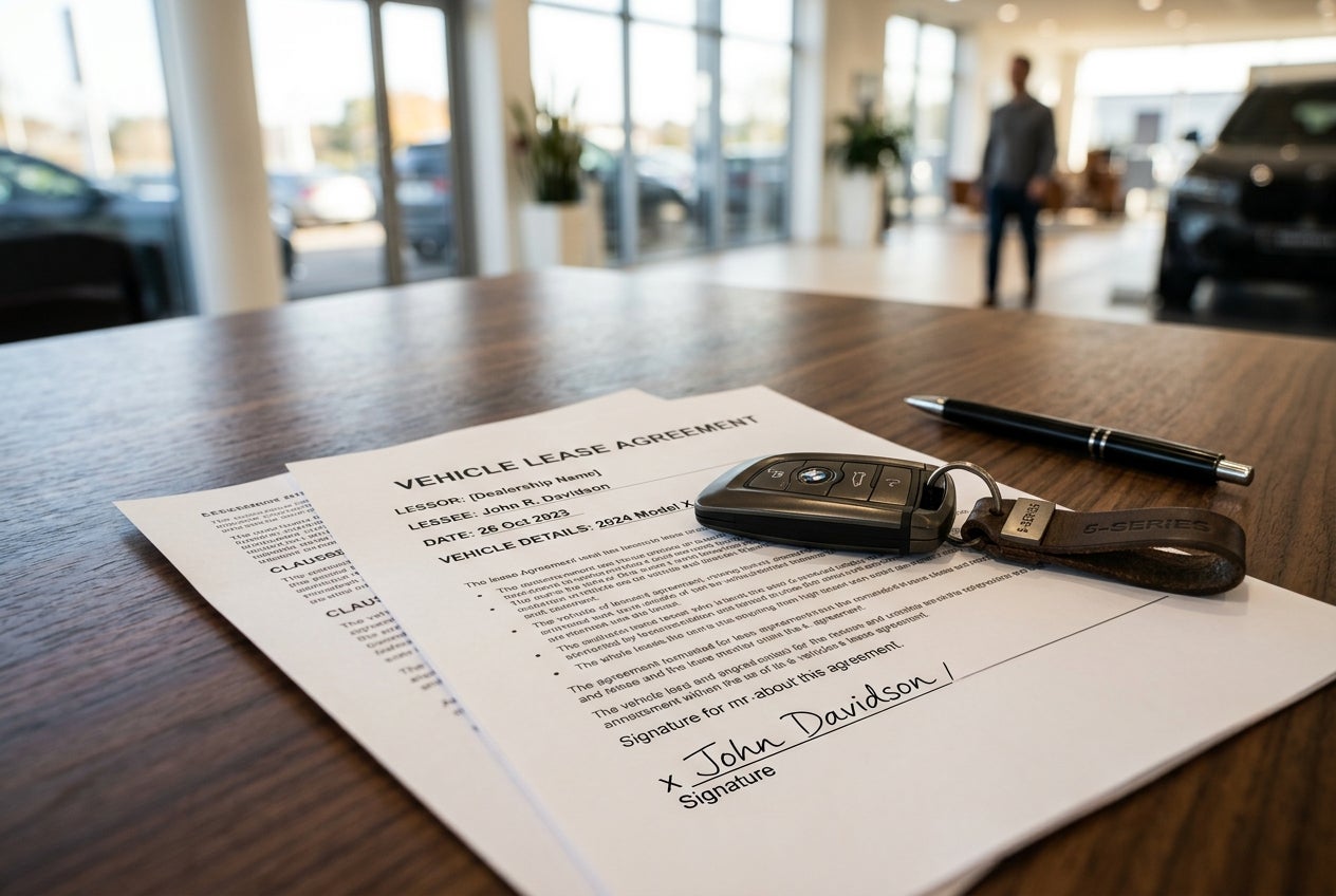 Signed vehicle lease agreement on a wooden desk next to a BMW car key and pen inside a car dealership. (Representative image for illustration purposes only. Actual vehicle may vary based on trim and configuration.)