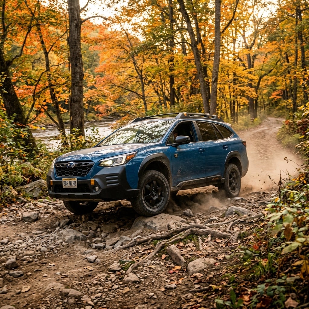 Blue Subaru Outback Wilderness driving along a rocky dirt trail through an autumn forest. (Representative image for illustration purposes only. Actual vehicle may vary based on trim and configuration.)