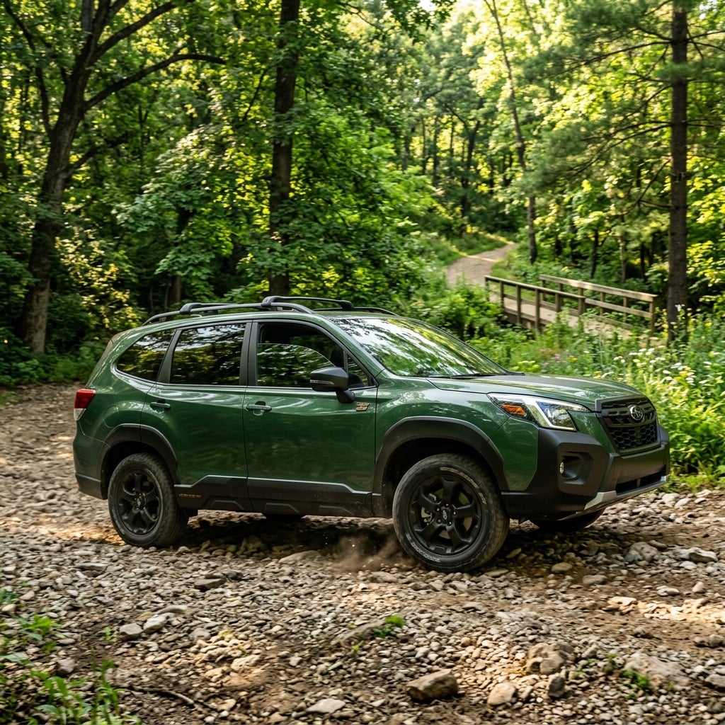 Green Subaru SUV navigating a rocky off-road path through a lush forest. (Representative image for illustration purposes only. Actual vehicle may vary based on trim and configuration.)