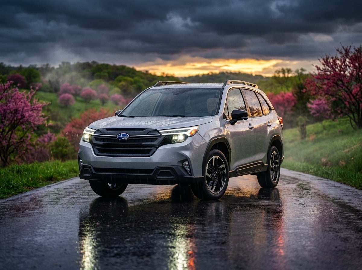 A sleek, redesigned 2026 Subaru Forester parked in a scenic Missouri landscape during spring.