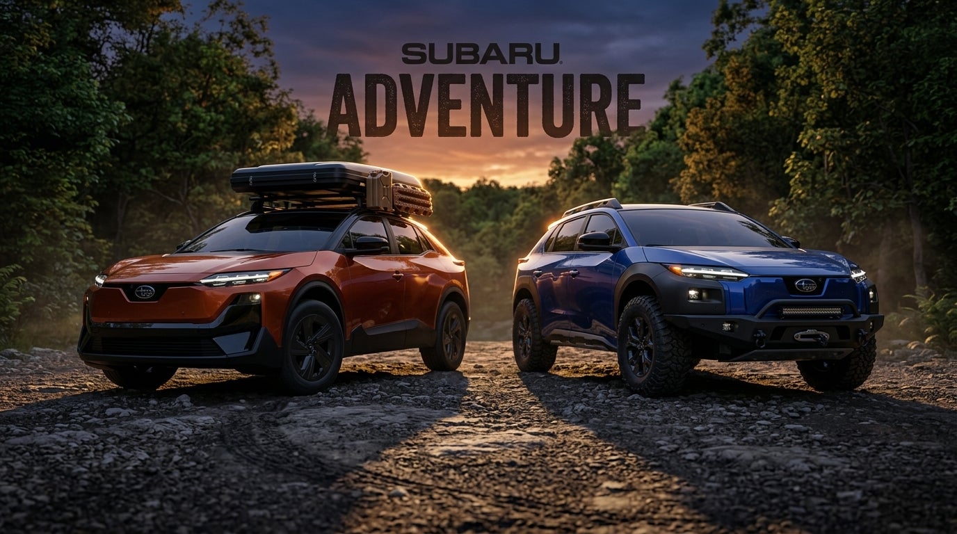 AI generated: Cinematic, photorealistic CGI, of a Subaru Uncharted and a Subaru Trailseeker SUVs parked symmetrically side-by-side on a rugged Ozark forest trail in Sunset Hills, Missouri, centered composition, dramatic high contrast lighting, dusk, the sky is a deep indigo and burnt orange twilight, dark and rich color palette with emerald greens and earthy browns, the foreground shows textured Missouri limestone and loose gravel, a Subaru Uncharted is equipped with a roof-top tent and sleek overlanding gear, its counterpart the Subaru Trailseeker features high-clearance bumpers and aggressive rock-crawling tires, Missouri summer foliage with dense oak and hickory trees in the background, long shadows stretching across the dirt path, soft golden rim lighting hitting the vehicle silhouettes, humid air creating a subtle atmospheric haze, no people, wide-angle lens, low camera angle looking up at the grilles.